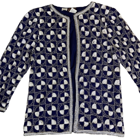 Vintage 80s Eves Allure Silk Sequined Party Blazer Dress Jacket Elegant Sz M - Picture 3 of 15